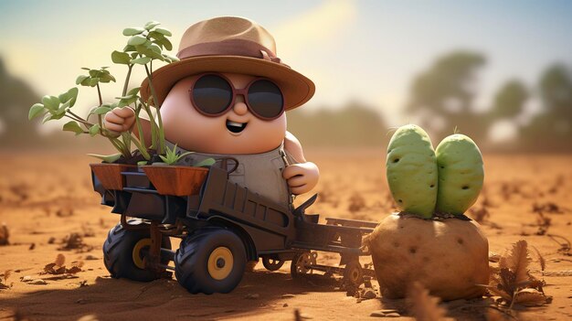 Una foto de un personaje 3D operando una plantación de patatas