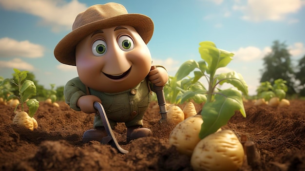 Una foto de un personaje 3D operando una plantación de patatas