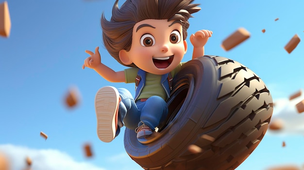 Una foto de un personaje 3D participando en un neumático