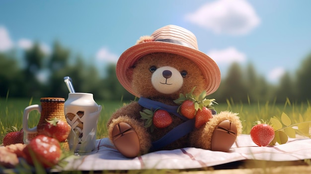 Una foto de un personaje 3D en un picnic de verano