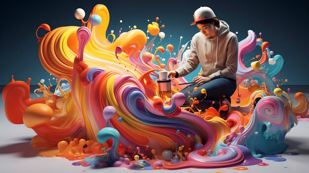 Una foto de un personaje 3D pintando un abstracto colorido