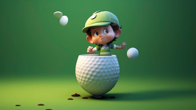 Una foto de un personaje 3D recuperando una pelota de golf