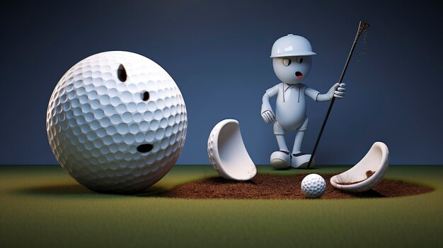 Una foto de un personaje 3D recuperando una pelota de golf