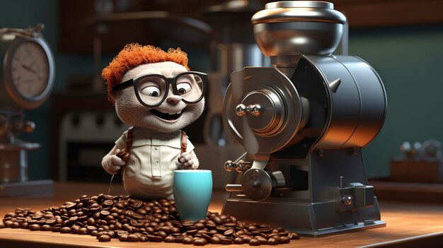 Una foto de un personaje 3D usando un molinillo de café