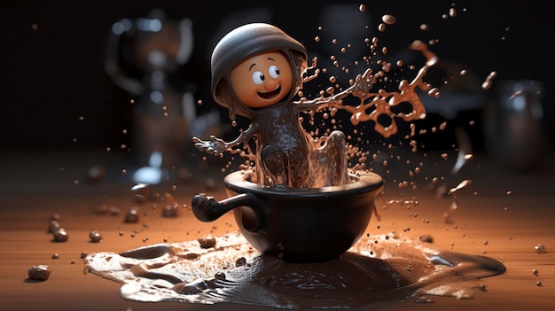 Una foto de un personaje 3D vertiendo agua caliente
