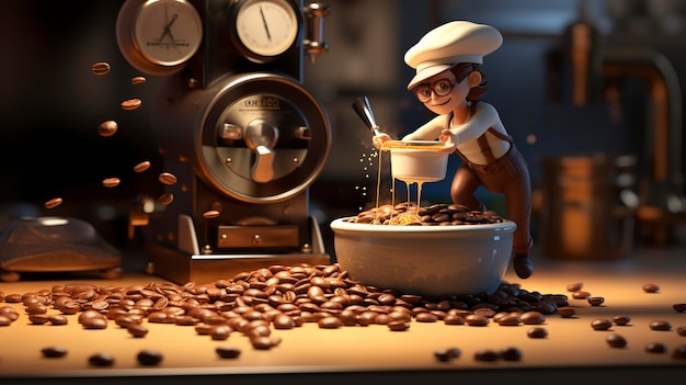 Una foto de un personaje 3D vertiendo café recién tostado