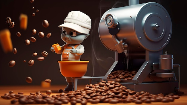 Una foto de un personaje 3D vertiendo granos de café