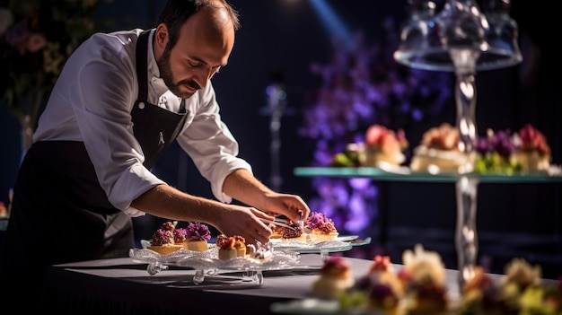 Una foto de un personal de catering preparando una mesa de postres en una boda