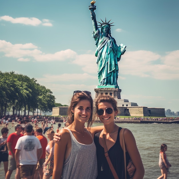 Foto de personas frente a la Estatua de la Libertad en la ciudad de Nueva York, EE.UU.