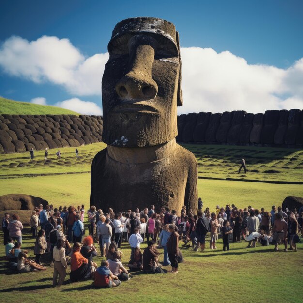 Foto de personas frente a Rapa Nui en la Isla de Pascua, Polinesia chilena