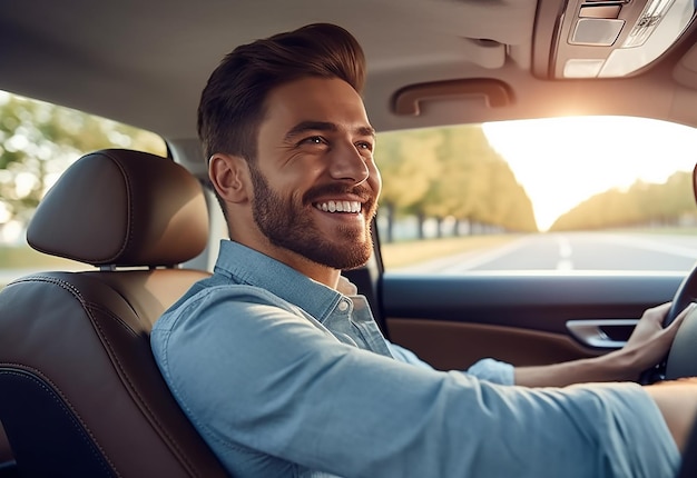 Foto de personas hombre guapo mujer conduciendo un vehículo