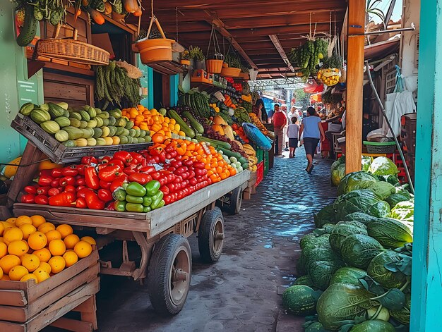 Foto de personas navegando a través de un mercado de agricultores local Colores vibrantes Actividades comunitarias se preocupan