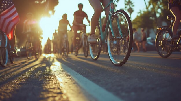 Foto de personas participando en un desfile de bicicletas del vecindario en el concepto de vacaciones del Festival de la Memoria