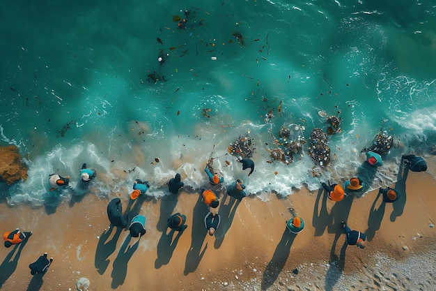 Foto de personas que participan en una limpieza comunitaria de la playa Recogiendo Actividades Comunitarias