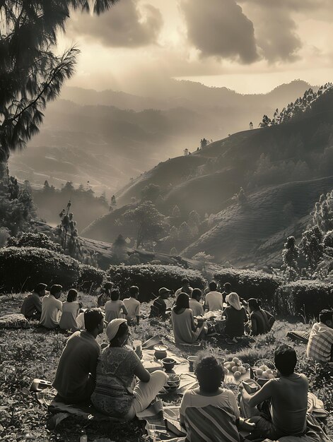 Foto de personas reuniéndose para un picnic en un tranquilo Sri Lankan Tea P Actividades familiares Trabajo Cuidado