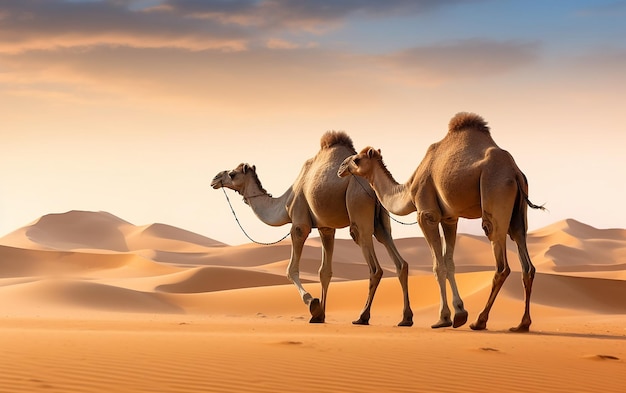 Foto foto de personas viajando por el desierto con camellos.