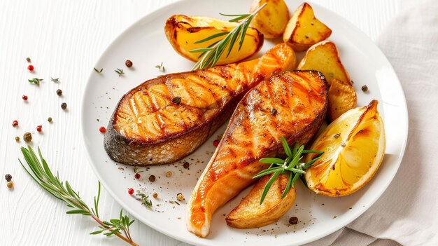 Foto de pescado a la parrilla en un plato blanco con verduras servidas en el plato comida deliciosa IA generativa