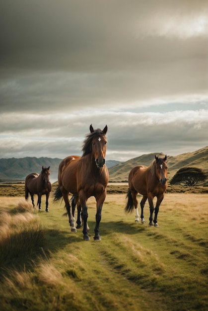 Foto Pferd läuft auf neuseeländischem Grasfeld