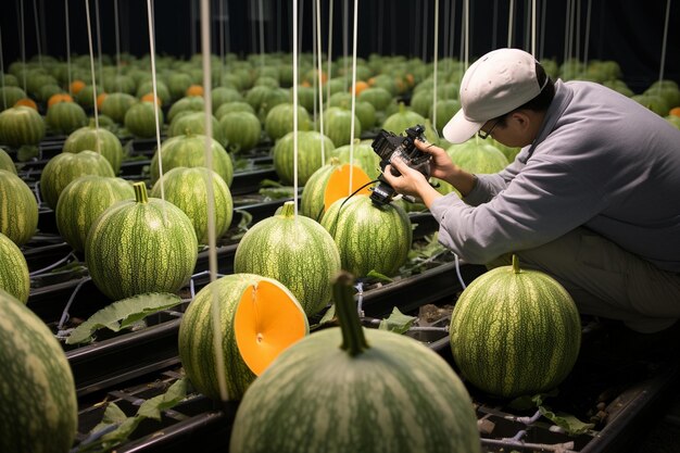 Foto foto pflanzenforscher überprüfen die auswirkungen von melone