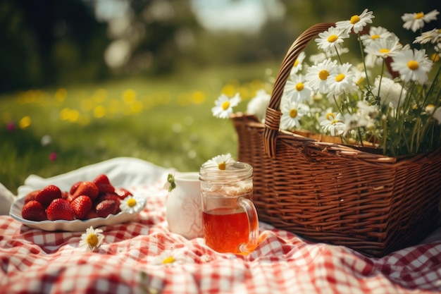 Foto de picnic con flores en el campo del jardín.