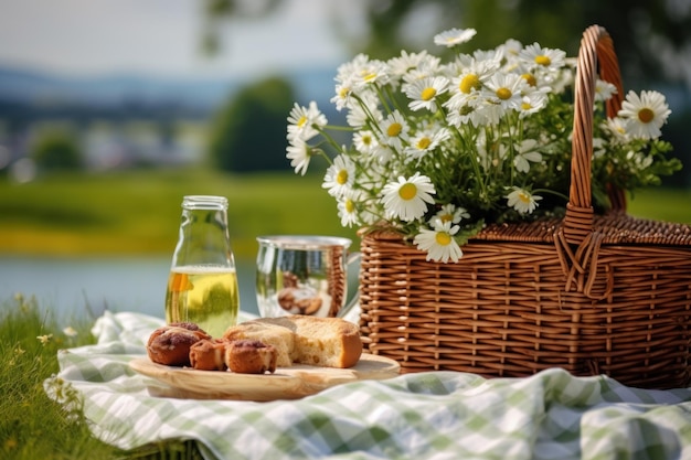 Foto de picnic con flores en el campo del jardín.