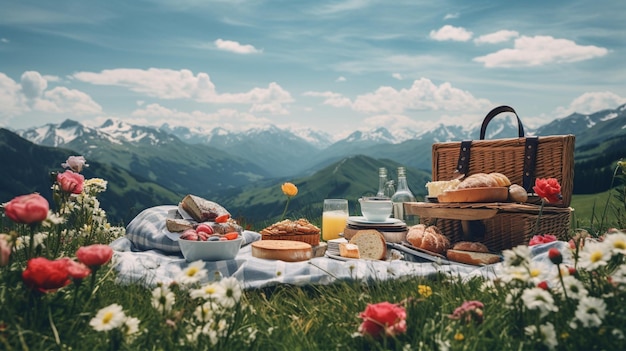 Foto foto de picnic en el prado de la montaña