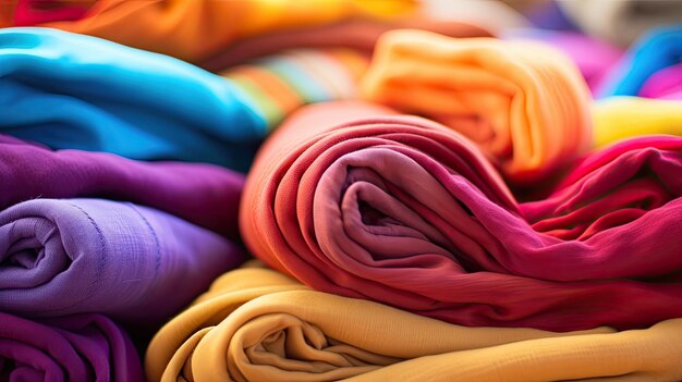 Una foto de una pila de bufandas coloridas en el fondo de un mercado bullicioso