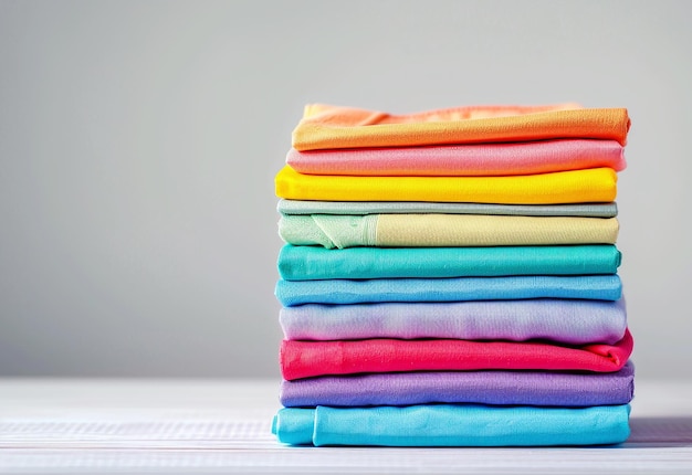 Foto foto de una pila colorida de ropa y toallas plegadas limpias y ordenadas.