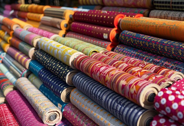 Foto de una pila de diferentes colores de ropa, rollos de tela, rollos textiles, estanterías de tiendas