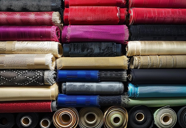 Foto de una pila de diferentes colores de ropa, rollos de tela, rollos textiles, estanterías de tiendas