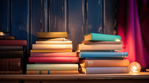 Una foto de una pila de libros coloridos en el fondo de un rincón de lectura acogedor