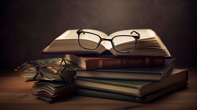 Una foto de una pila de libros con gafas de lectura y un cuaderno