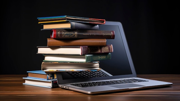 Una foto de una pila de libros de texto y una computadora portátil para el aprendizaje a distancia.