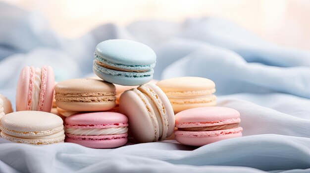 Una foto de una pila de macarrones coloridos en el telón de fondo de una pastelería elegante