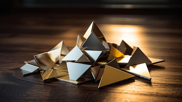 Una foto de una pila de piezas de tangram metálico en una mesa de madera con una cálida iluminación interior