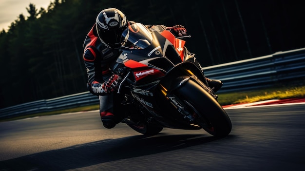 Foto de un piloto en una motocicleta deportiva en una carretera de asfalto una atmósfera de velocidad y potencia