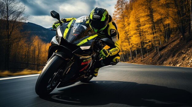 Foto de un piloto en una motocicleta deportiva en una carretera de asfalto una atmósfera de velocidad y potencia