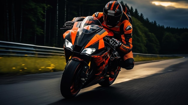 Foto de un piloto en una motocicleta deportiva en una carretera de asfalto una atmósfera de velocidad y potencia