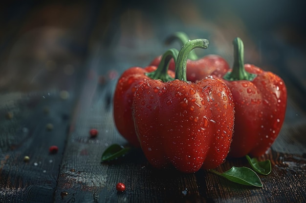 Foto de pimientos rojos en una mesa de madera oscura al estilo de la fotografía de alimentos sesión de fotos de productos