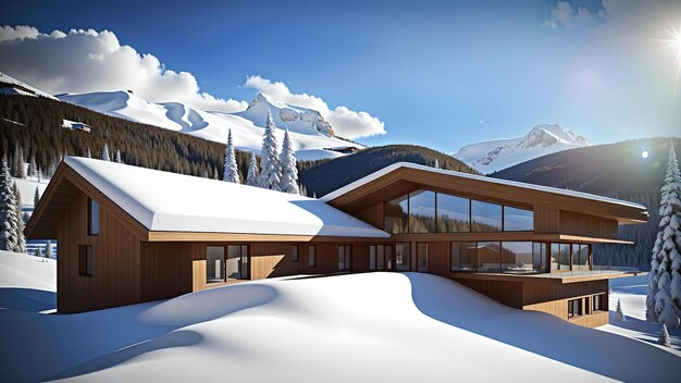 Foto de una pintoresca casa rodeada de montañas cubiertas de nieve
