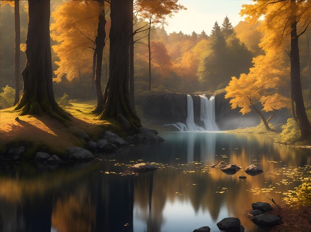 Foto de una pintoresca cascada rodeada de exuberante vegetación en un sereno entorno forestal
