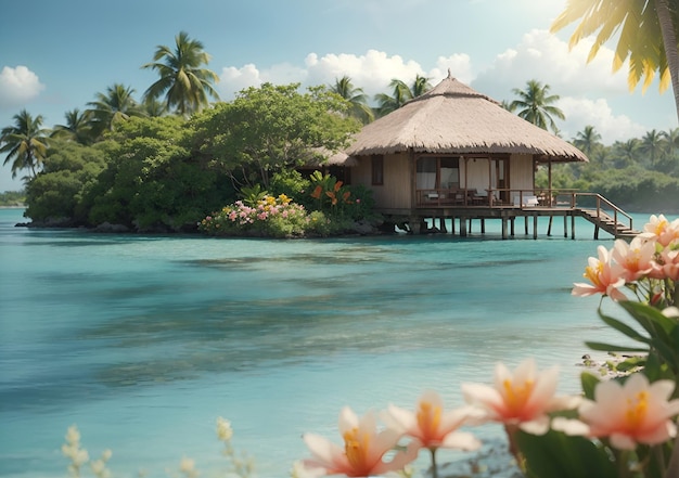 Foto de una pintoresca isla tropical con una encantadora cabaña descansando sobre aguas cristalinas.