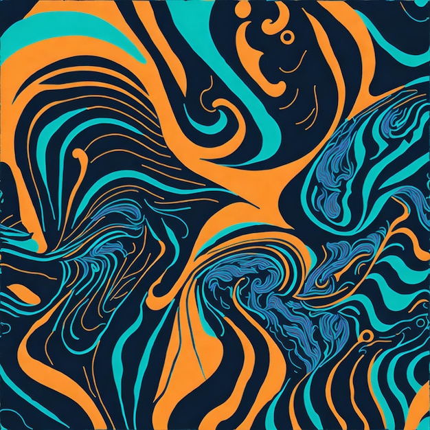 Foto de una pintura abstracta vibrante con colores azul y naranja sobre un fondo negro