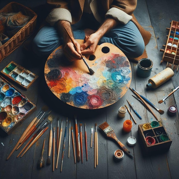Foto de una pintura de un artista sosteniendo una gran paleta redonda con varios colores