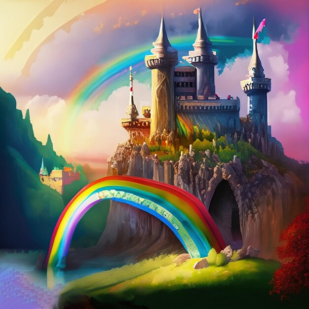 Foto una pintura de un castillo con un arco iris en él