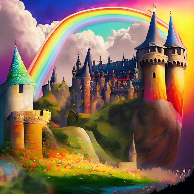 Foto una pintura de un castillo con un arco iris en él