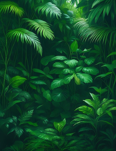 Foto una pintura de una escena de la selva con una planta verde y una planta de hoja verde