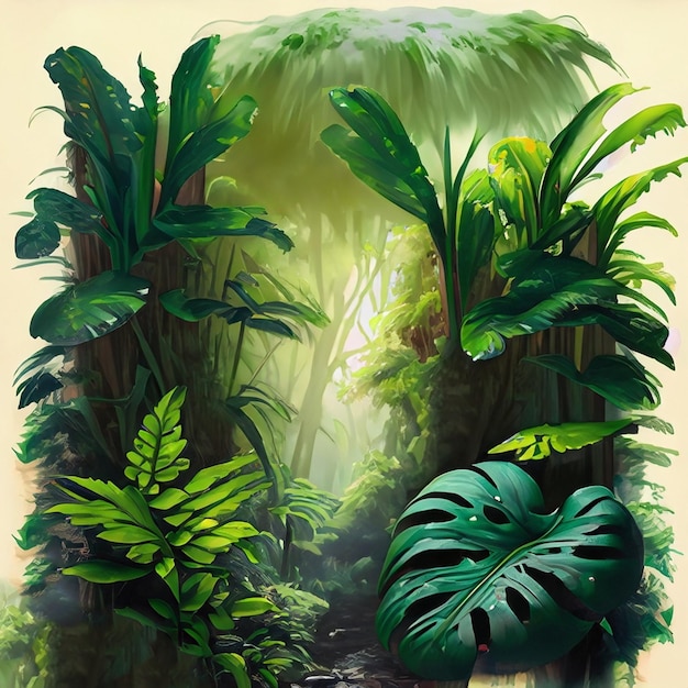 Foto una pintura de una escena de la selva con una planta verde y una planta de hojas verdes 456002