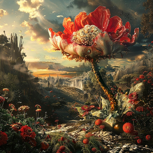 Foto de una pintura de flores y plantas con un fondo de cielo