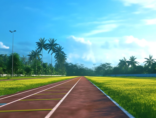 Una foto de una pista con un campo y un campo con un campo verde y palmeras al fondo.